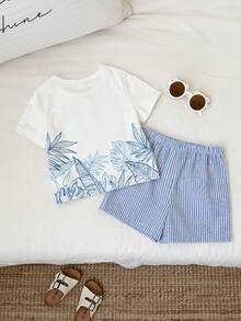SHEIN Bộ 2 món đồ cho bé trai/bé gái, kiểu dáng thường ngày dễ thương, họa tiết cây cỏ, áo thun ngắn tay và quần short, bộ quần áo mùa hè cho bé trai. - Màu xanh lam - Xem 2