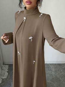 Yasmyna 女士优雅亮片装饰立领长袖阿拉伯风格连衣裙 - 咖啡棕 - 查看 7