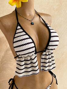 Soleia Bộ bikini gợi cảm buộc dây cổ, kẻ sọc, dành cho nữ, thích hợp mặc đi biển mùa hè. - Nhiều màu - Xem 7
