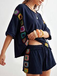 Bohemela 女款休閒純色針織拼接緞帶圓領短袖寬鬆T恤與寬鬆短褲兩件套 - 藏蓝色 - 查看 1