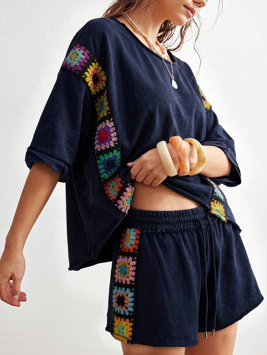 Bohemela 女款休閒純色針織拼接緞帶圓領短袖寬鬆T恤與寬鬆短褲兩件套 - 藏蓝色 - 查看 1