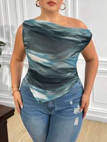 Truni Blusa romántica de corte slim con tie-dye, sin mangas y bajo asimétrico para mujer talla grande - Multicolor - Ver 6