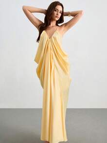 CielaLinda Women's Pale Yellow Summer Seductive Vacation Dress,Satin Spaghetti Strap Ruched Draped Cowl Neck Elegant Flowy Midi Chic Minimalist Wedding Guest - Light Yellow - View 4