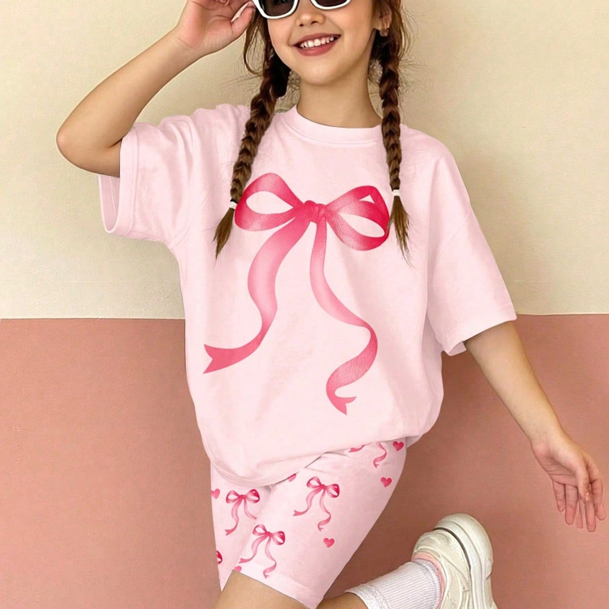 Set de 2 piezas para niñas preadolescentes: Camiseta de cuello redondo de manga corta y ligera, y shorts de ciclismo ajustados, con estampado de cora