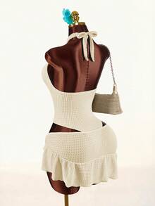 Amplova Women's Shell Metal Decor Halter Backless One-Piece Swimwear With Cover-Up & Skirt Set - Apricot - View 10