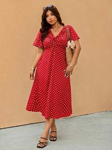 Elaquor Plus Size Polka Dot Print Deep V-Neck Twist Knot Casual Short Sleeve Dress - Red - View 5