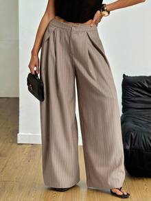 SHEIN Tall Pantalones para mujer primavera/verano vintage casual hippie estilo calle y oficina, ropa casual occidental chic a rayas, cómodos, holgados, con bajo curvo y plisados, para mujeres altas - Albaricoque - Ver 7