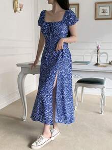 DAZY Women's Casual Ditsy Floral High Slit Mid-Length Dress, Summer - Baby Blue - View 8