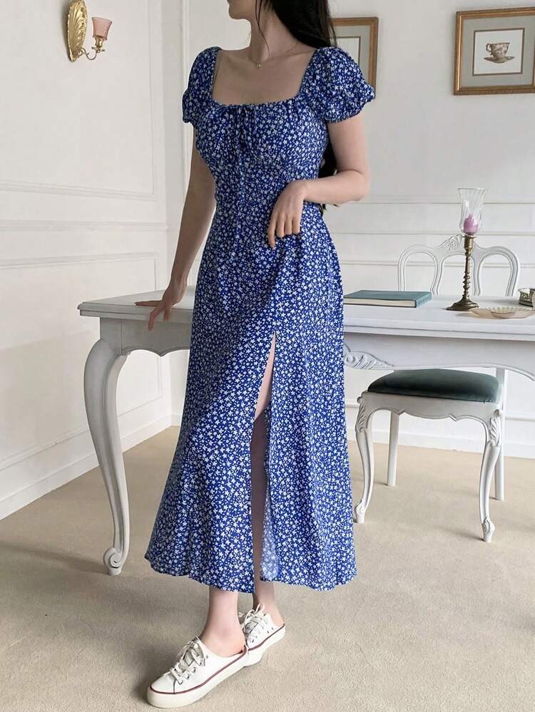 Women's Casual Ditsy Floral High Slit Mid-Length Dress, Summer