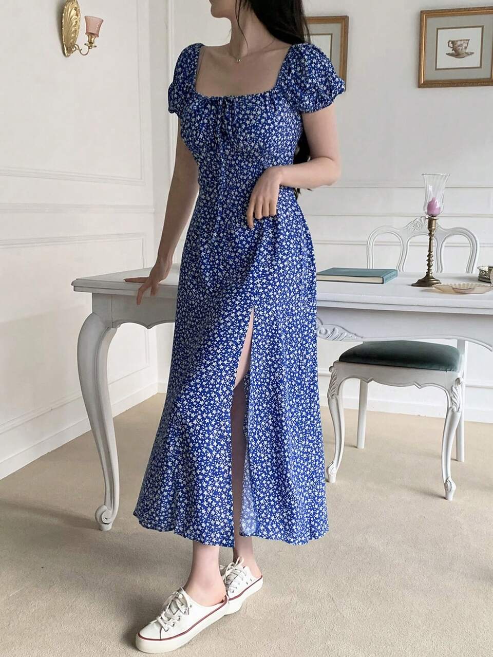 Women's Casual Ditsy Floral High Slit Mid-Length Dress, Summer Petite Sundress