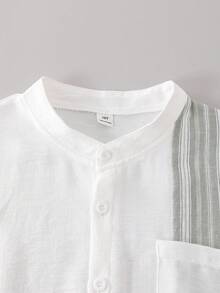2pcs/Set Older Boys' Summer Casual Street Fashion Woven Blue And White Stripe Jacquard & Solid Patchwork Short Sleeve Shirt With Shorts,Vacation Fit - Green - View 4