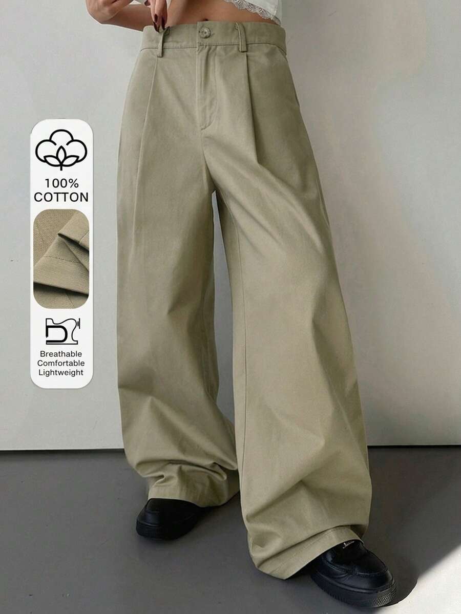 DAZY Calça casual de perna larga e solta de cor sólida para mulheres, Primavera/Verão - Verde Militar - Visão 1