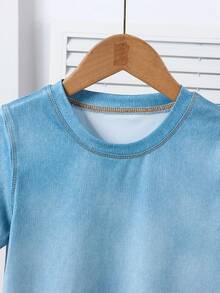 Elladie kids Áo thun ngắn tay mùa hè cho trẻ em, màu xanh denim nhạt, kiểu dáng tối giản, thoải mái, phù hợp cho các hoạt động ngoài trời. - Màu xanh lam - Xem 6
