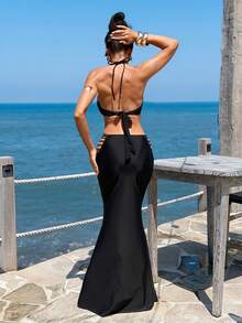 Bonvoyette Women's Summer Beach Solid Color Halter Tie Sexy Bikini And Triangle Panty Swimwear Set With Skirt - Black - View 2