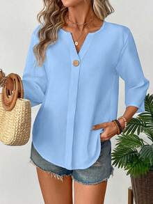EMERY ROSE Áo sơ mi nữ đơn giản, màu trơn, cổ chữ V, tay lỡ, cài cúc, thích hợp mặc đi làm. - Màu xanh nhạt - Xem 6