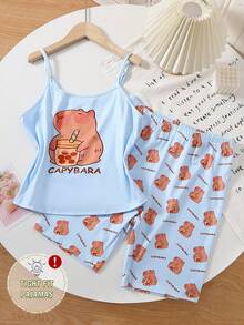 Bộ đồ ngủ cho bé gái tuổi teen, gồm áo hai dây màu xanh nhạt in hình chuột lang nước và quần short cùng màu cũng in hình chuột lang nước. - Màu xanh nhạt - Xem 8