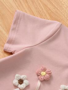 SHEIN Genkimix Kids 女童3D花朵蝴蝶结装饰圆领短袖T恤，夏季 - 粉色 - 查看 7
