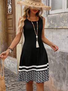 EMERY ROSE Women's Casual Elegant Geometric Pattern Round Neck Sleeveless Summer Boho Holiday Vacation Black N White Dress,Minimalist Loose Mid-Length Outfit - Black - View 6