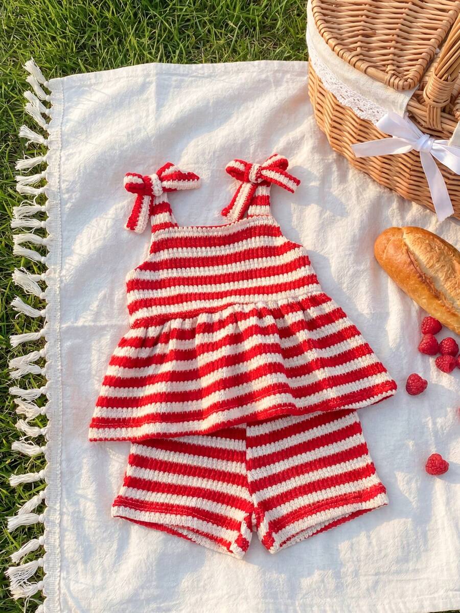 Playful Pals Babygirl Christmas Holiday Outfits Red And White Stripe Summer Cute Vacation 2pcs Suit,Knitted Jacquard Red Halter Top And Shorts For Party,Beach