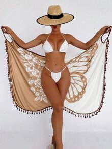 Swim Lushoire Áo khoác kimono nữ in họa tiết hoa và bướm phối màu. - Màu Khaki - Xem 4