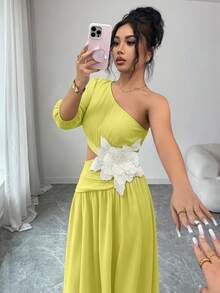Selianne 女士不对称露肩开衩碎花连衣裙 - 黃色 - 查看 7