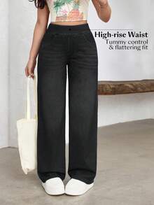 Pantalones vaqueros de pierna ancha, estilo casual deportivo, con elástico para mujer - Gris Oscuro - Ver 11