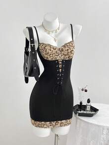 Elamini Women's Summer Lace Patchwork Retro Tie-Waist Mini Dress, Sexy, Elegant, Versatile - Black - View 4