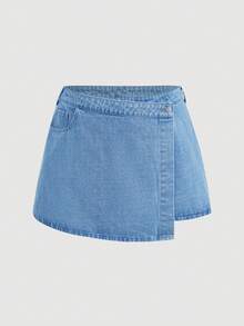 Sweetra Minifalda vaquera casual y versátil con bolsillos y botones para mujer de talla grande - Lavado ligero - Ver 1