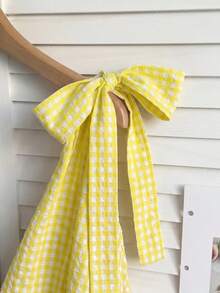 Comfortcana Đầm nữ cỡ lớn cổ chữ V kẻ caro đen trắng buộc dây, kiểu dáng thường ngày, thích hợp cho kỳ nghỉ. - Màu vàng - Xem 4