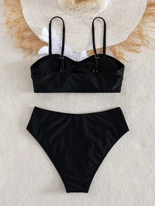 SHEIN Swim Bộ đồ bơi tankini 2 mảnh cao cấp họa tiết hoa 3D tương phản đen trắng, hàng mới về cho mùa Xuân/Hè - Đen và trắng - Xem 2