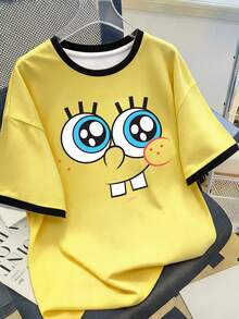 SpongeBob SquarePants | SHEIN Manfinity Joysei 男士卡通印花拼接袖口圆领T恤 - 黃色 - 查看 1