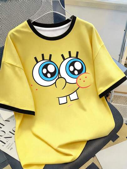 SpongeBob SquarePants | SHEIN Manfinity Joysei 男士卡通印花拼接袖口圆领T恤