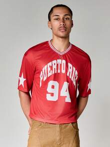 SUMWON Puerto Rico 94 Graphic Cropped Mesh Jersey V-Neck Short Sleeve Boxy Fit T-Shirt With Star Sleeve Print - Red - View 4