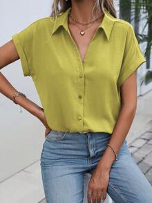 EMERY ROSE Women's Solid Color Single-Breasted Casual Versatile Daily Wear Shirt - Lime Green - View 6