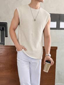 SWAVVY Áo tank top nam dáng rộng, màu mơ, vải jacquard trơn, thích hợp mặc mùa hè. - Màu be - Xem 4