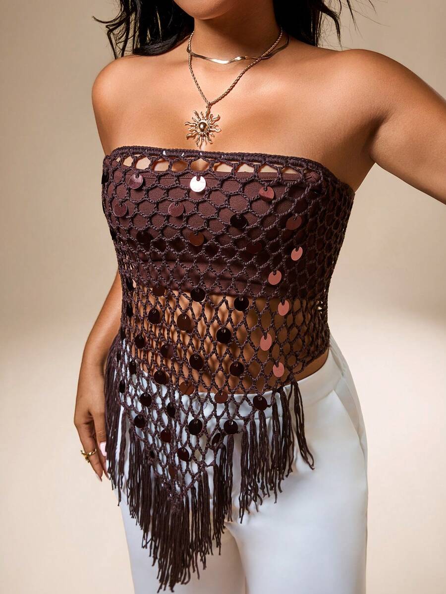 SHEIN Privé Gaun Pesta Musim Panas Kasual Boho Serbaguna Berbahan Chiffon dengan Hiasan Payet dan Lubang-lubang untuk Wanita Ukuran Besar - Gaun Penutup untuk Liburan, Pesta, dan Musim Panas - Coklat - View 1