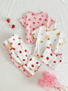 Set Piyama Bayi Perempuan 6pcs/Set Atasan Lengan Pendek dan Celana Motif Buah Kartun - MultiWarna - View 1