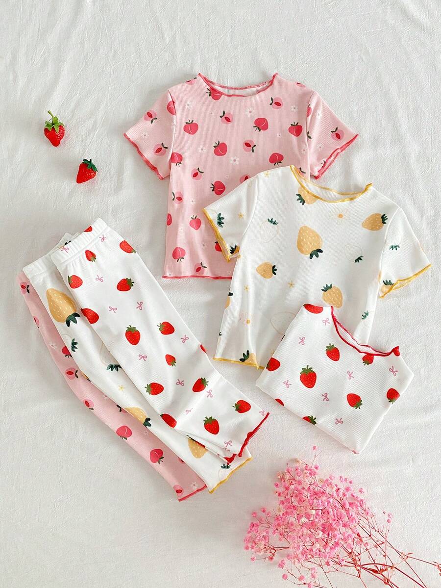 Set Piyama Bayi Perempuan 6pcs/Set Atasan Lengan Pendek dan Celana Motif Buah Kartun - MultiWarna - View 1