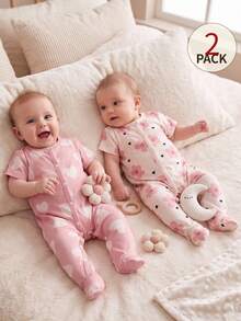 Set de 2 piezas de pijama tipo pelele suave y cómodo para recién nacidos, con estampado de corazones y flores, de manga corta y con pies - Rosa - Ver 7
