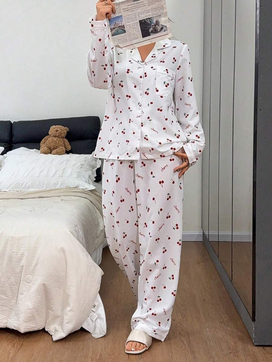 Napfluff 粉色樱花印花开襟羊毛领女士长袖睡衣套装 - 白色 - 查看 1