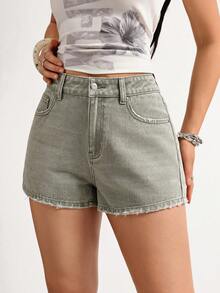 SHEIN EZwear 女士绿色休闲牛仔短裤，春夏款 - 軍綠色 - 查看 3