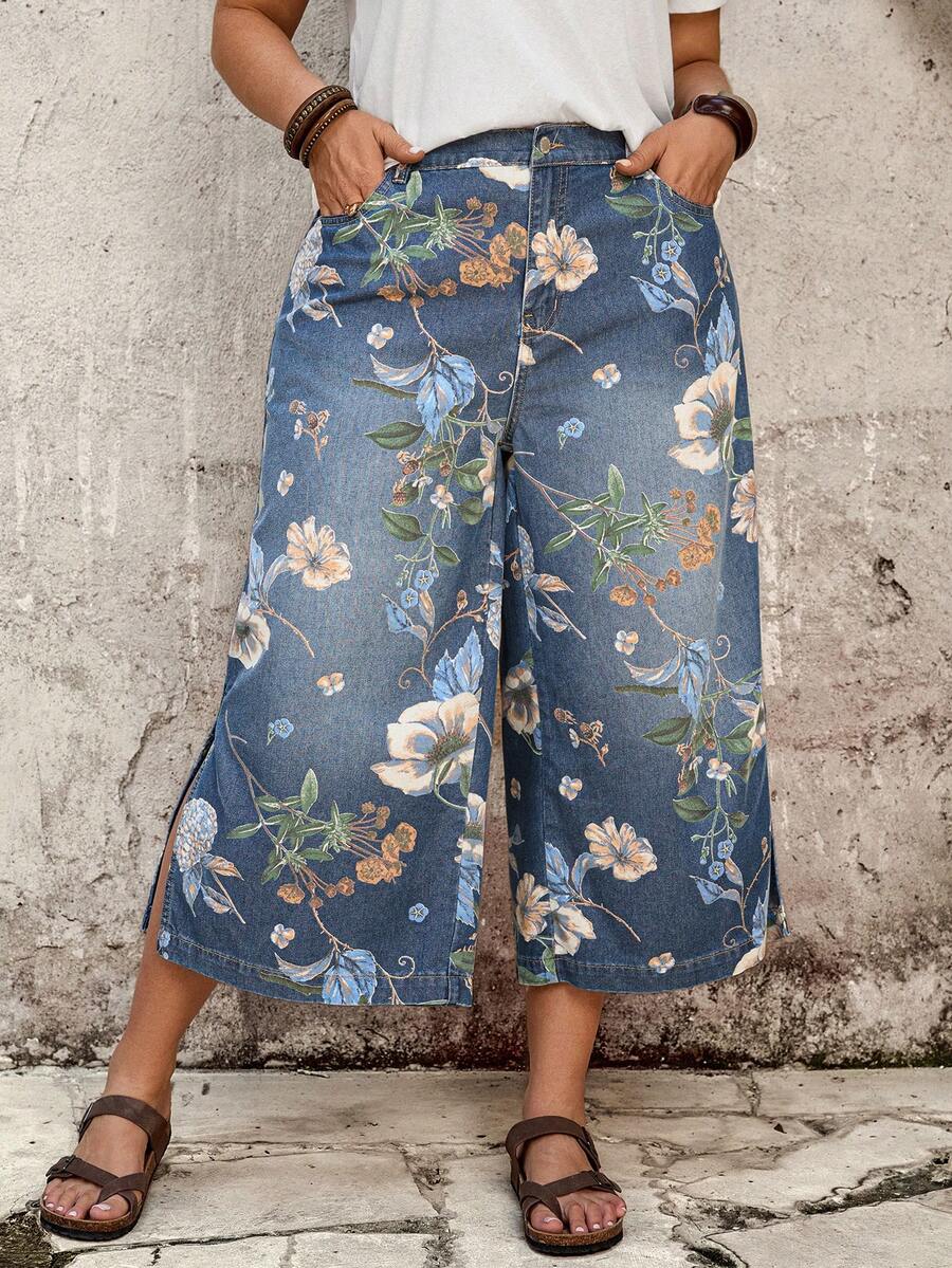 SHEIN EMERY ROSE CURVE 大码印花宽松牛仔裤