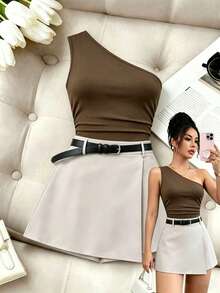 Elenzga Bộ đồ thời trang mùa xuân/hè kiểu Pháp kẻ sọc mới, thiết kế bất đối xứng xếp ly ôm sát không tay kết hợp với quần ống rộng hai lớp màu mơ, bộ trang phục 2 mảnh đa năng dành cho nữ. - Nhiều màu - Xem 3