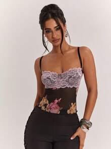 SHEIN BAE Elegantes Damen-Sommer-Camisole mit großem Blumenmuster, Tanktop, Party/Date Urlaub Strand Muster schwarze Blumen Vintage Y2K - Schwarz - Übersicht 6