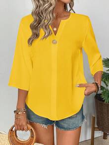 Balvessa Blusa de mujer de unicolor simple con cuello entallado para ir al trabajo - Amarillo - Ver 4