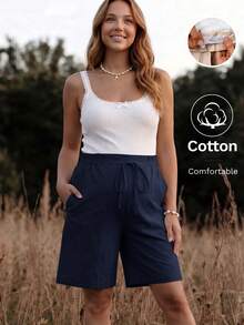 Boho Mama Adjustable Waist Textured Maternity Shorts, Fashionable Versatile Solid Color Tie-Up - Royal Blue - View 2