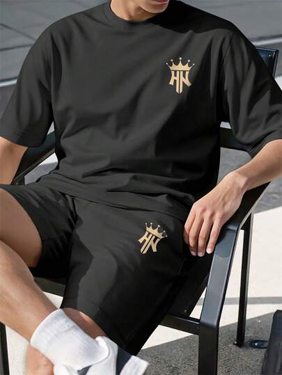 Manfinity Homme Men's Letter Print Short Sleeve T-Shirt And Shorts Casual 2-Piece Set