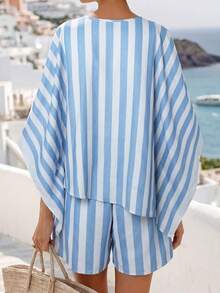 Faunlyn Women's V-Neck Blue And White Stripe Top Shorts 2 Pieces Casual Coastal Outfit Holiday Vacation Summer Outfits For Women Clothing Beach - Multicolor - View 3