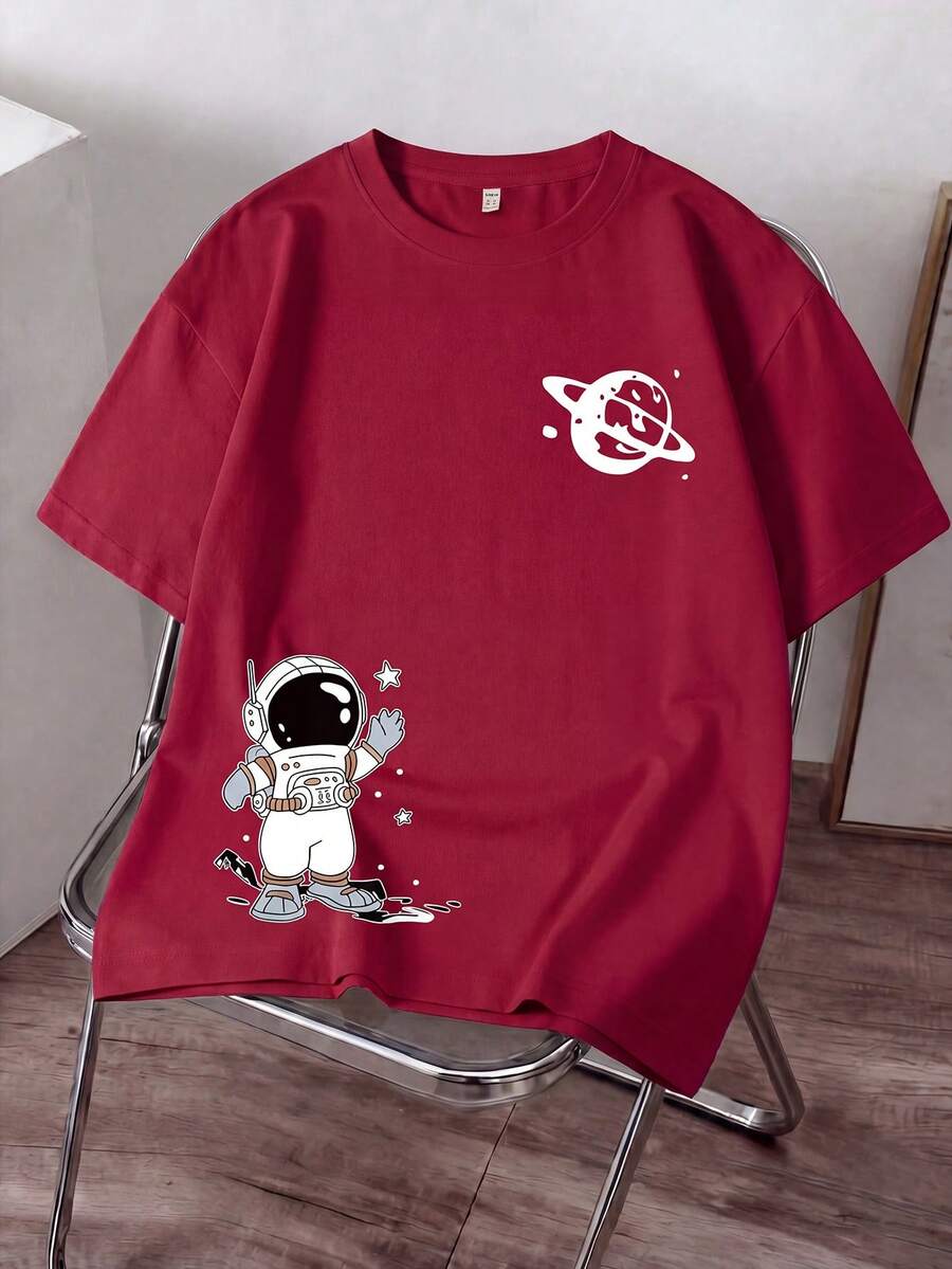 SHEIN Tween 男孩 1 件太空人卡通印花基本款圓領短袖 T 卹 - 酒紅色 - 查看 1