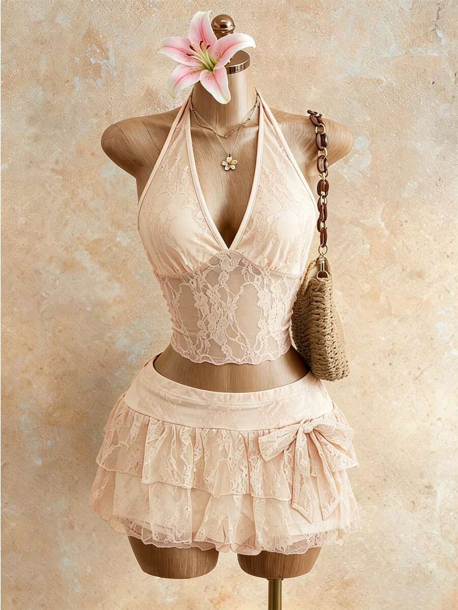 Roelina Women's Lace Sheer Splice Halter Neck Camisole And Shorts 2 Pieces Set Beach Vacation Orange Pink Summer Cute - Apricot - View 1